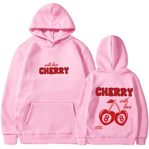Sweat à capuche rose avec imprimé cerise large sur le devant et le dos