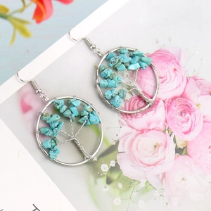 Handmade silver wire tree of life earrings with blue natural crystal stones for women