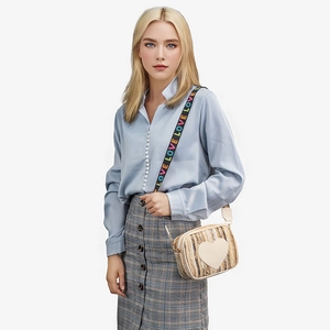 Straw heart camera bag with rainbow LOVE shoulder strap for casual crossbody wear