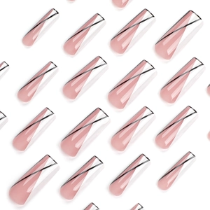 Minimalist long coffin press-on nails with pink splice and diagonal black lines