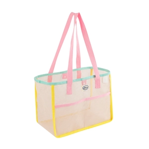 Large mesh beach bag with candy color handles for shower storage and shopping