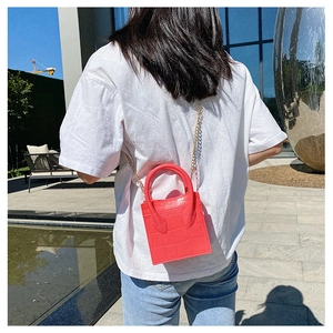 Model wearing a coral red jelly mini bag with crocodile texture and gold chain strap