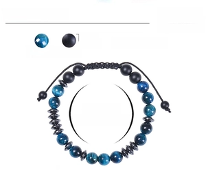 Detail of 8mm blue tiger eye and black matte beaded bracelet with size parameters