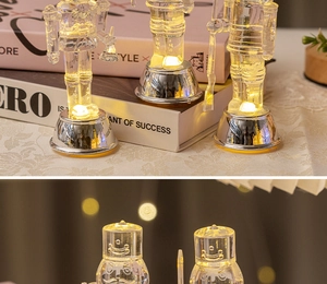 Detail of transparent nutcracker LED lamp showing warm glowing base and clear acrylic texture