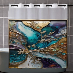 Detail eines wasserdichten Duschvorhangs mit blauem Blumenmuster und Metallösen