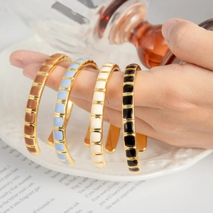 Vintage Stainless Steel Bangle For Women 18K Gold Plated Enamel Open Cuff Bracelet Bamboo Texture Luxury Jewelry