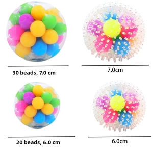 Detail view of stress relief squeeze balls with 20 and 30 beads in 6cm and 7cm sizes