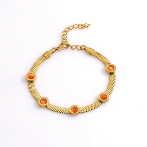 18K gold plated stainless steel snake chain bracelet with five round orange rhinestones