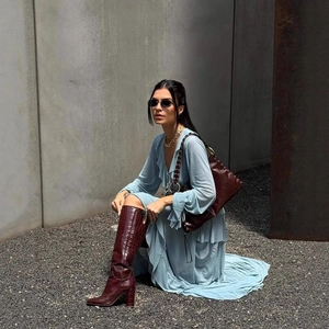 Women Long Sleeve Ruffle Top And Maxi Skirt Bohemian Elegant V Neck Tie Front Flared Sleeve Solid Color Flowy