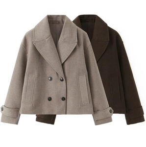 Women Short Woolen Coat Double Breasted Notched Lapel Casual Fashion Jacket Solid Color Long Sleeve Warm Outwear