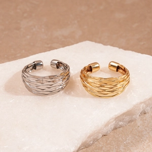 Minimalist geometric multilayer textured metal open bangle available in gold and silver finish
