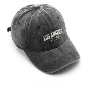 Top view of vintage washed charcoal baseball cap featuring white Los Angeles embroidery