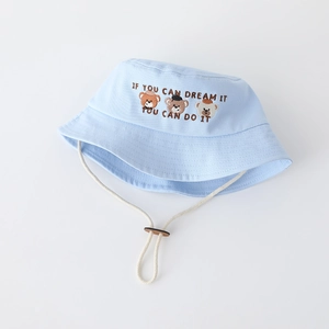 Kids light blue cotton bucket hat featuring three bear embroidery and chin strap