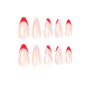 Short almond press-on nails with red French tips and purple wave patterns on white background