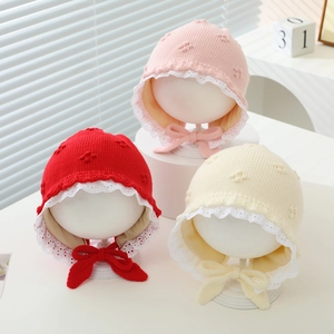 Baby Bonnet Knit Hat Lace Trim Tie On Ear Protection Princess Sweet Vintage For Infant Girls Winter Warm Headwear