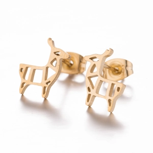 Minimalist gold stainless steel alpaca animal stud earrings with hollow geometric design