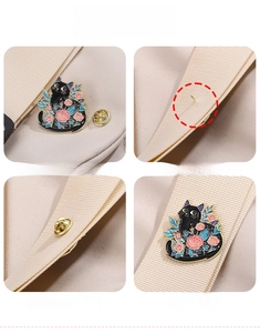 Step-by-step guide showing how to attach the black cat enamel pin to fabric with a gold clutch
