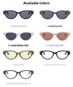 Various cat-eye sunglasses and anti-blue light glasses displayed in multiple colors