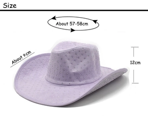 Detailed size specifications for light purple suede cowboy hat with diamond accents