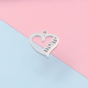 Heart-shaped stainless steel MOM pendant for Mother's Day on pink and blue background