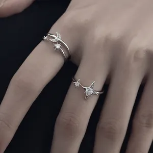 Elegant adjustable silver moon and star zircon rings set with minimalist sparkling stones