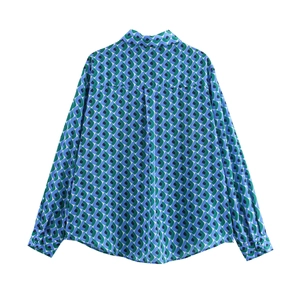 Chemisier femme à manches longues avec imprimé géométrique bleu et vert