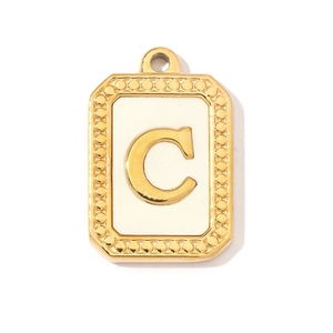 Polished gold rectangular stainless steel pendant with white shell and letter C