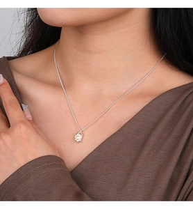 Close-up of minimalist S925 sterling silver chain with a round white pearl pendant