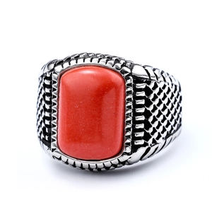 Men's vintage punk stainless steel ring with a large red rectangle stone in silver finish