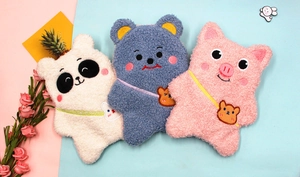 Detailed view of plush panda and bear stationery pouches with 3D ears and embroidery