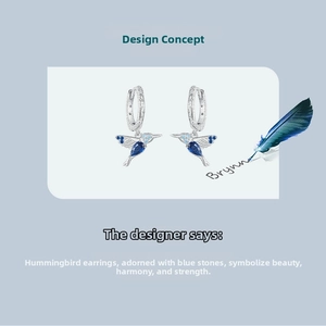 Detail of 925 sterling silver hummingbird earrings with blue zircon wings design