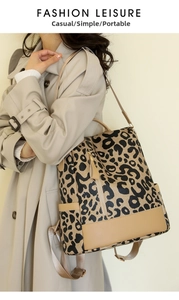 Detail view of stylish leopard print backpack with durable faux leather and wide straps