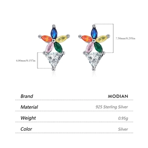 Exquisite 925 sterling silver rainbow flower stud earrings with colorful zircon stones