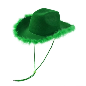 Close-up of green cowboy hat with fluffy feather trim and adjustable drawstring for parties