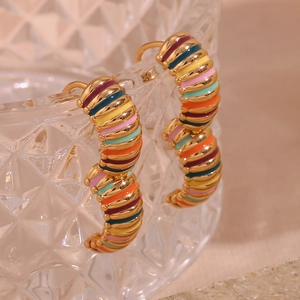 Chic 18K gold plated stainless steel hoops with vibrant multi-color enamel stripes