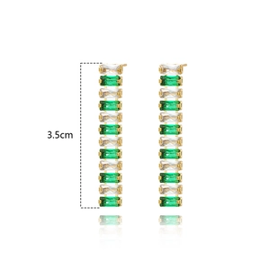 Elegant 3.5cm gold emerald and white zircon earrings with alternating baguette gems