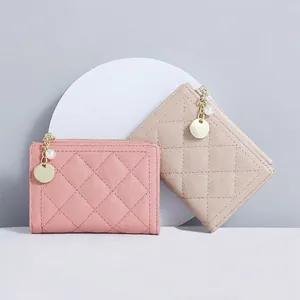 Women Quilted PU Leather Short Wallet Artificial Pearl Charm Zip Coin Purse Multi Slot Card Holder Compact Clutch