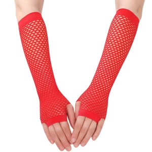 Long red fishnet arm sleeves with fingerless design for party and stage performance