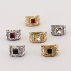 Men Hip Hop Iced Out Ring Stainless Steel Square Gemstone Pave Rhinestone Wide Band Luxury Fashion Jewelry
