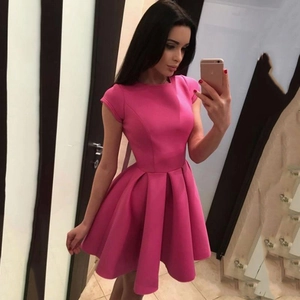 Elegant Women Evening Dress Short Sleeve Round Neck Pleated Mini Skirt Backless Simple Vinyl Fabric Party Wear