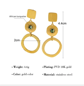 Détail de boucle d'oreille en acier plaqué or 18K avec turquoise africaine, 4,4x2 cm