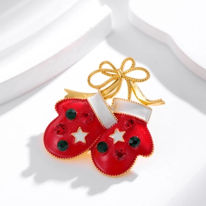 Broche gant de Noël exquise en émail rouge avec motif d'étoile et pierres précieuses