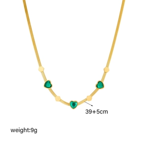 Gold-plated geometric hexagonal necklace with green heart gems and snake chain, 39+5cm