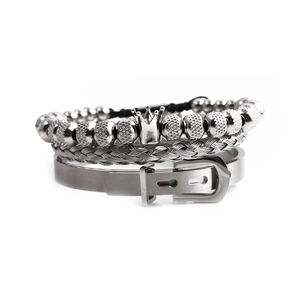 Three-piece silver jewelry set with crown beads, woven metal band and buckle cuff bracelet