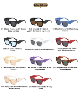Detailed catalog of cat eye square frame sunglasses showing 11 color options and geometric arms