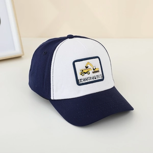 Kids baseball cap with excavator embroidery patch in navy blue and white color block