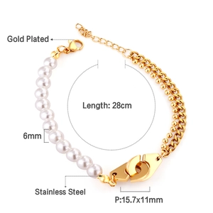 Detail of 18K gold plated stainless steel bracelet with 6mm pearls and handcuff charm