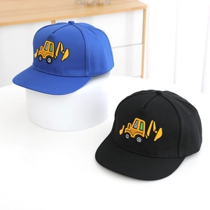 Kids flat brim baseball caps with excavator embroidery in blue and black cotton