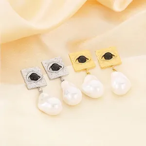 Retro Hammered Stainless Steel Evil Eye Dangle Earrings With Artificial Baroque Pearl Elegant Jewelry For Women