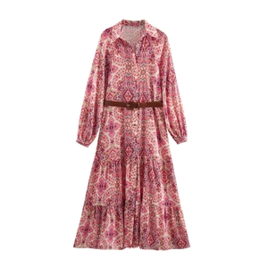 Bohemian Paisley Print Satin Maxi Dress Long Sleeve Belted Lapel Elegant Shirt Style Tiered A-Line Long Dress For Women